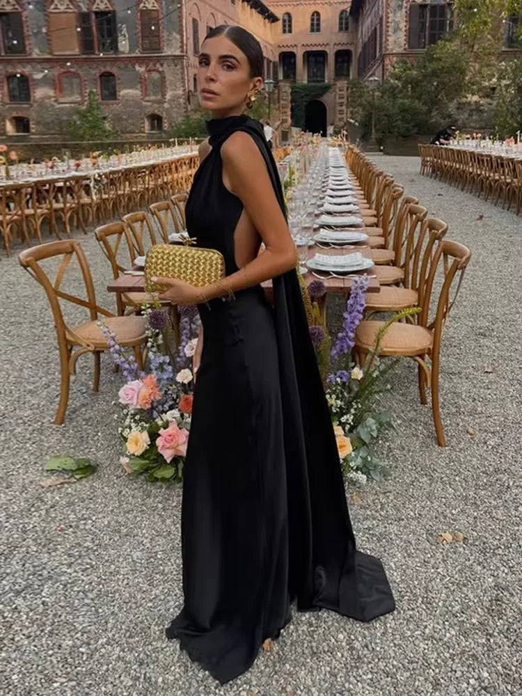 Band hängenden Hals lange Kleider schräg Schulter schnüren rücken frei seidig Satin Temperament Slim Fit Neck holder Frau Fischschwanz Kleid