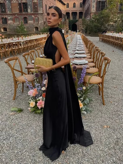 Band hängenden Hals lange Kleider schräg Schulter schnüren rücken frei seidig Satin Temperament Slim Fit Neck holder Frau Fischschwanz Kleid