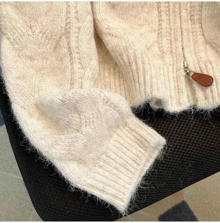 Women Autumn Winter New Lazy Style Loose Knitted Cardigan Retro Solid Color Double Zipper Turn-down Collar Sweater New Women Top