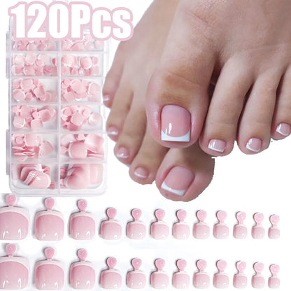 120Pcs Glossy Nude Pink French Press-On-Toenail Set 1*Box Short French Square  Fake Toe Nails Solid-Color Manicure Toenails Tips.