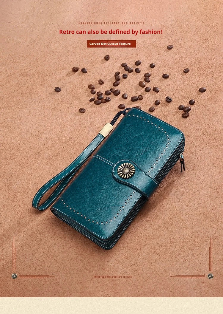 Vintage Large Capacity Women's Purse, Oil wax skin, Multi-card, Long Wallet, Multi-function Zipper Strap, Wrist Strap, New.