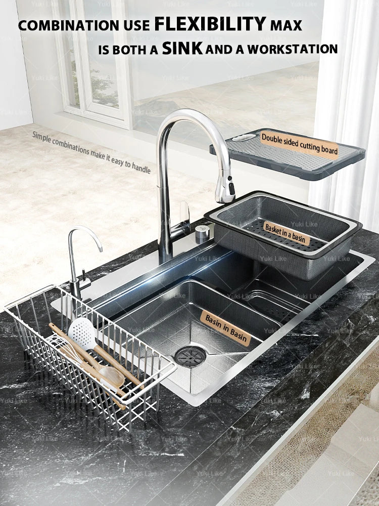 304 Stainless Steel Kitchen Sink Silver Large Single Slot  Multifunction Dishwashing Basin wash vegetables For Kitchen