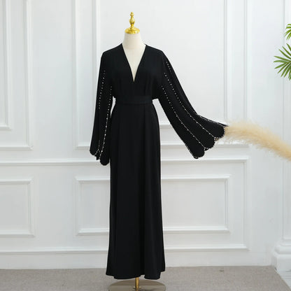Middle Eastern Modest Dress with Pearl Sleeve for Muslim Women Ramadan Dubai Black Abaya Islam Party Jalabiya Outfit Turkey Robe.