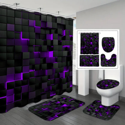 4-teiliges Set mit technologischen, blauen und schwarz karierten, bedruckten, wasserdichten Duschvorhängen mit 12 Haken, Badezimmer-Fußmatten