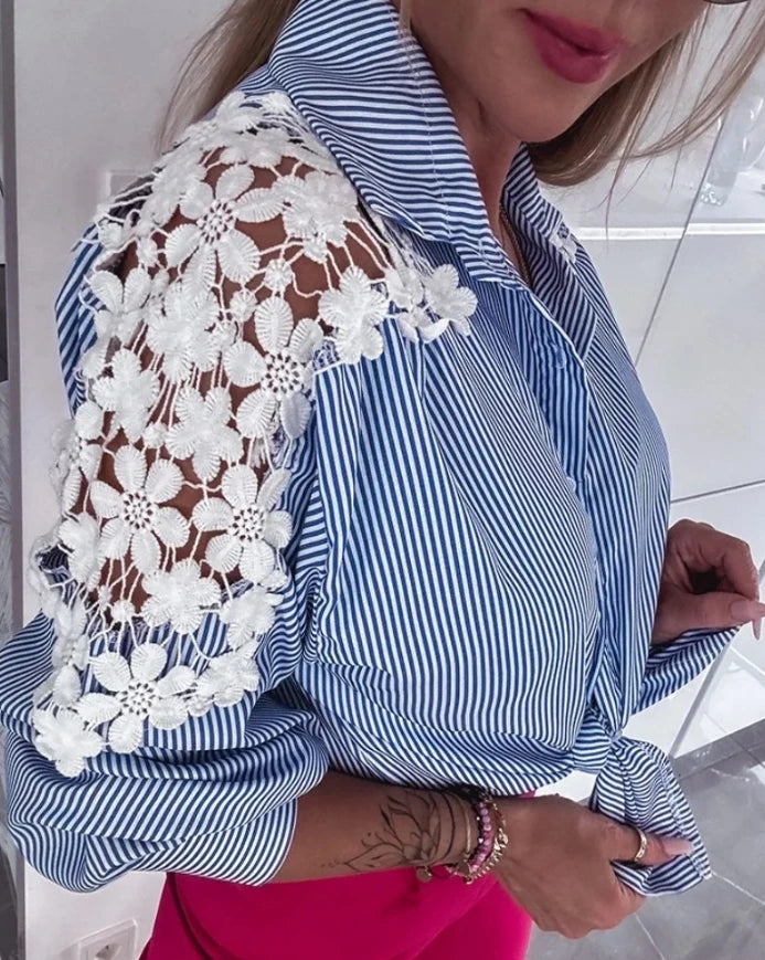 Striped Turn-Down Collar Long Sleeve Contrast Lace Shirt Casual Tied Detail Blouse 2025 Autumn Winter Spring New Fashion.