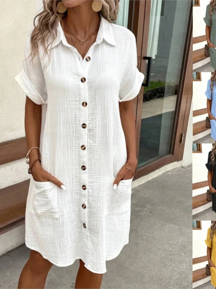 2024 sommer frauen Neue Modische Einfache Sexy V-ausschnitt Taste Einreiher Kurzarm Mit Tasche Kleid frauen Tragen.