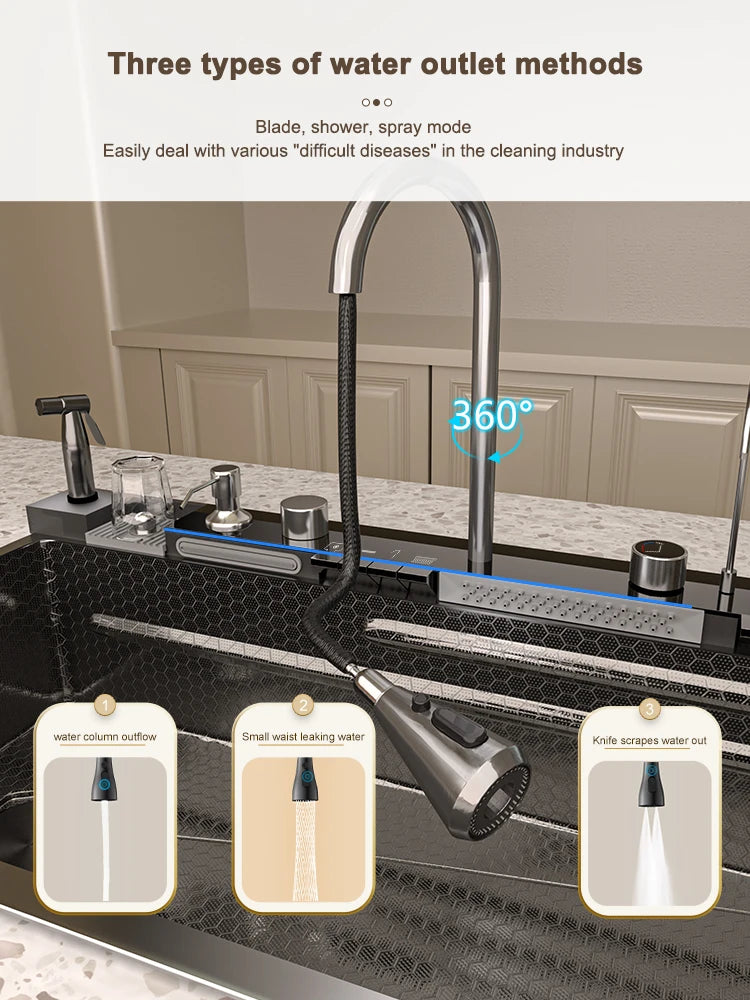 Edelstahl-Wasserfall-Küchenspüle, extra groß, Einzelschlitz, Digitalanzeige, Wasserhahn-Set, Tassenwaschbecken, Waschbecken, 100 x 50 cm