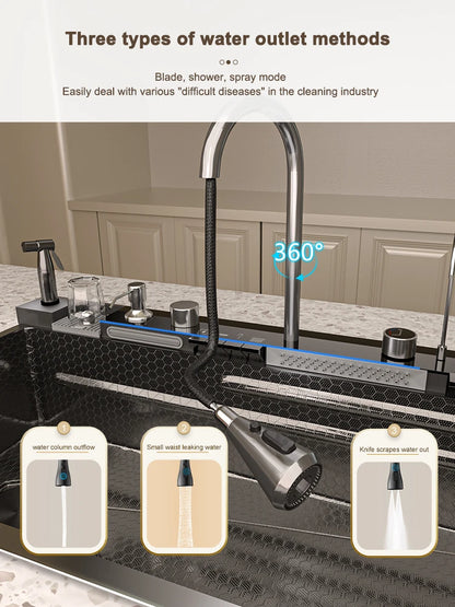 Edelstahl-Wasserfall-Küchenspüle, extra groß, Einzelschlitz, Digitalanzeige, Wasserhahn-Set, Tassenwaschbecken, Waschbecken, 100 x 50 cm