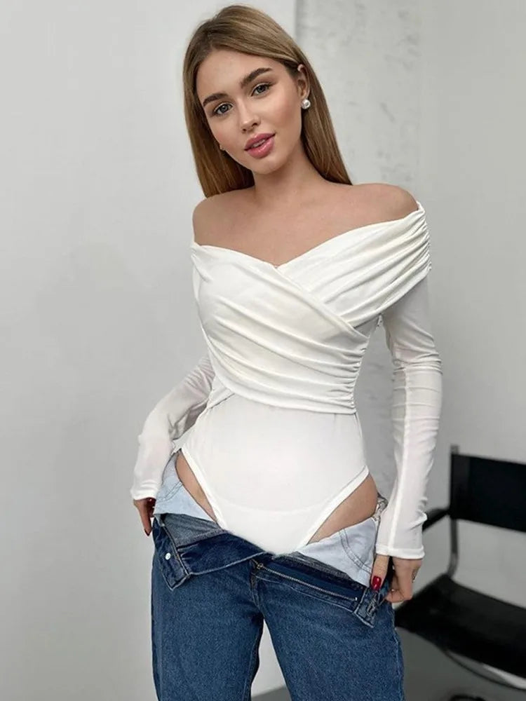 Sexy Hot Girl Slim Jumpsuits Women Fashion Solid Color Folds Corset Bodycon Crossed Bodysuits Long Sleeves Trendy Lady Rompers.