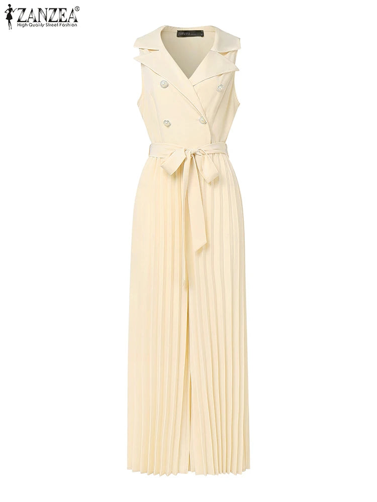Fashion Women Jumpsuits 2025 ZANZEA Summer Rompers Elegant Wide Leg Work OL Overalls V Neck Sleeveless Pleated Playsuit Trousers.
