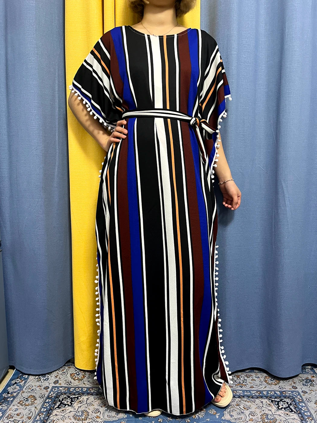 Abayas For Women 2024 Printed Vertical Stripe Tassels Elasticity Loose Fit Femme Robe African Woman Dresses With Belt Headscarf.