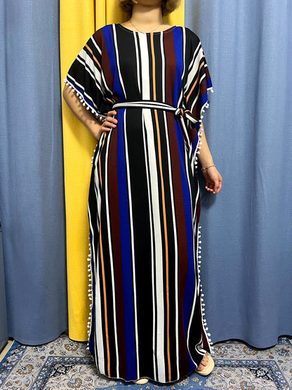 Abayas For Women 2024 Printed Vertical Stripe Tassels Elasticity Loose Fit Femme Robe African Woman Dresses With Belt Headscarf.