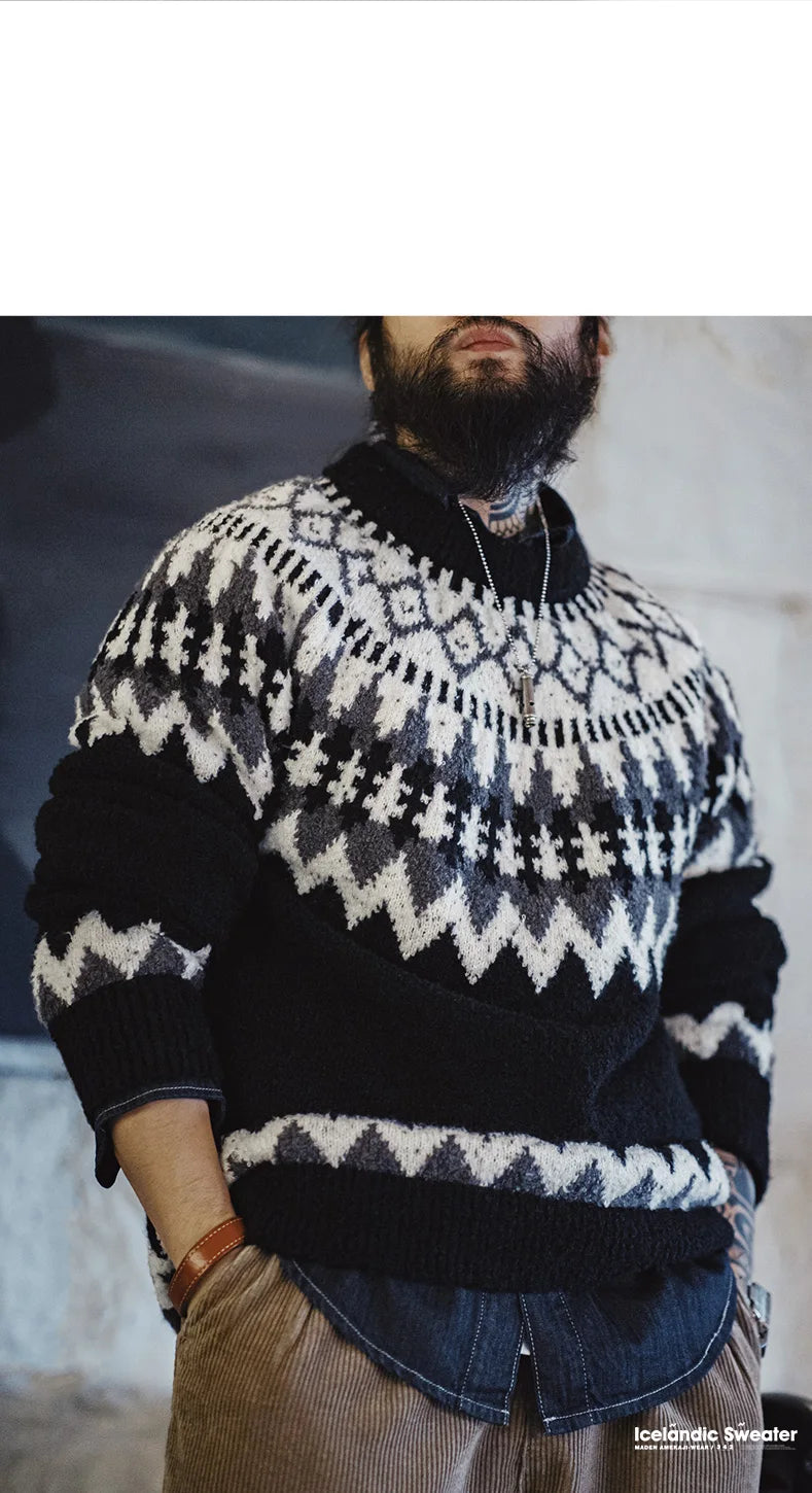 Maden Vintage Heavyweight Fair Isle Icelandic Sweater Round Neck Jacquard Bottom Knitwear Thickened Warm Pullovers for Christmas.
