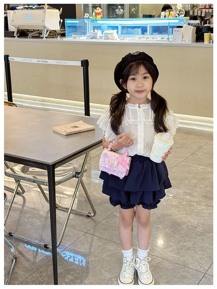 Lovely Sequin Girls Square Shoulder Bag Fish Tail Starfish Princess Crossbody Bags Bead Handle Children's Small Handbags Purse