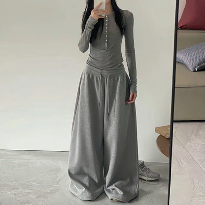 Oversize Cotton Pants Woman Y2K Casual Drawstring Trousers Korean Streetwear High Waist All Match Jogger Pants Grey Sweatpants