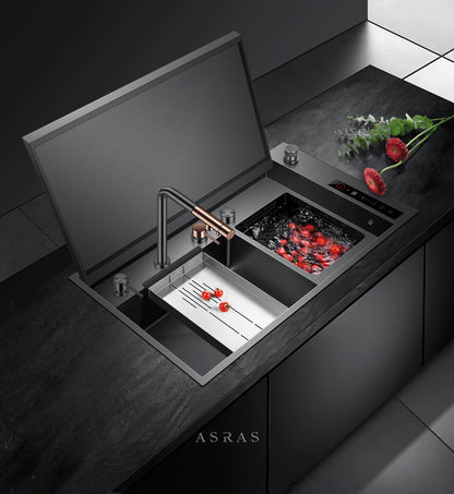 ASRAS Kitchen Sink Stainless Steel Nano Grey Kitchen Sink with Built-in Food Purifier, Hidden Cover & Adjustable Lift Faucet