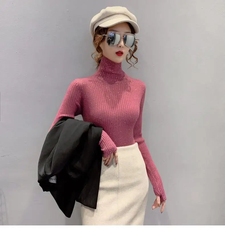 Women Clothing Fashion Elegant Turtleneck Pullover Autumn Winter Solid Slim Long Sleeve Sweater Office Lady Casual Dignified Top.