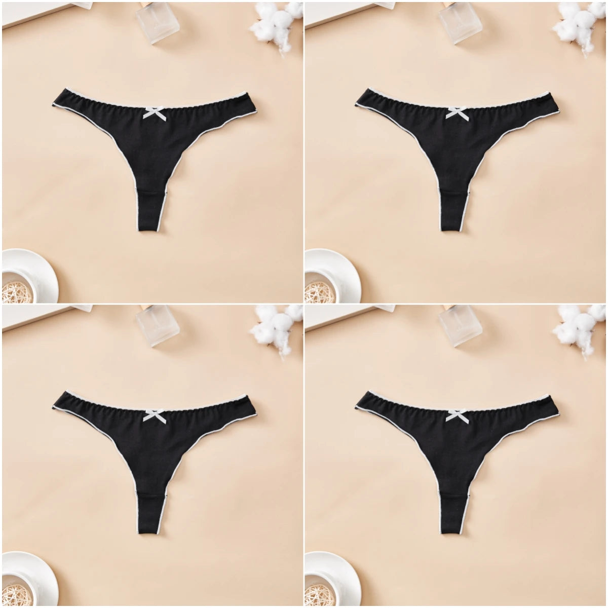 4pcs women's cotton solid color thong sexy comfortable women's underwear daily breathable T-back knitted bow cute girl low-waist