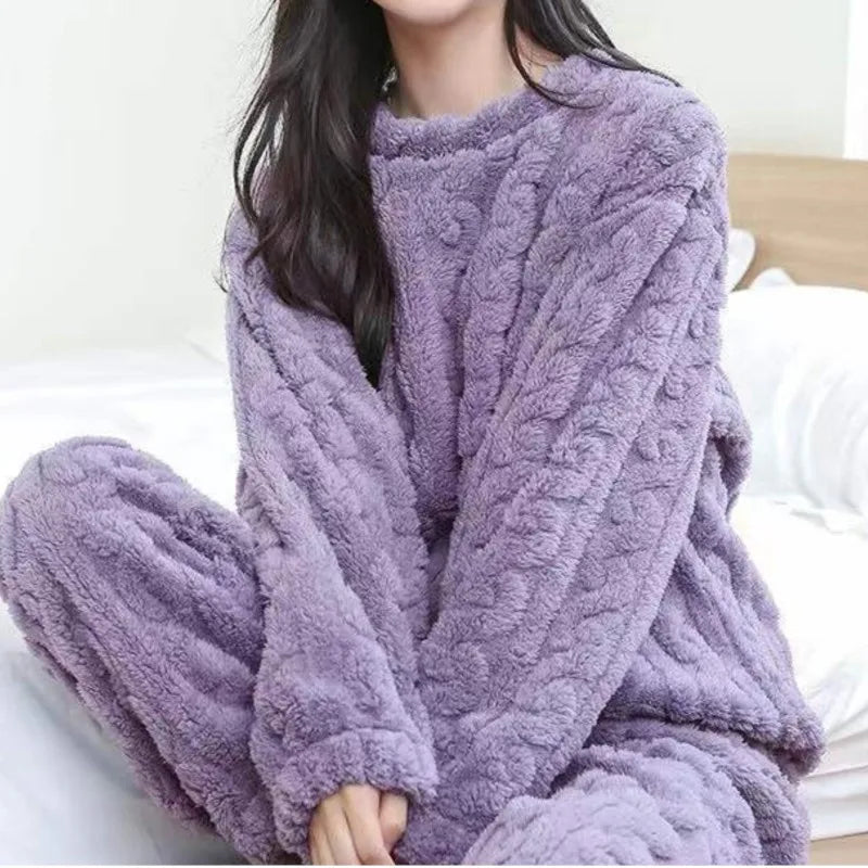 Herbst Winter Lose Süße Casual Pyjamas frauen Set Dicke Fleece Wolle Langarm Top Hause Elastische Taille Lange Hosen Hosen.