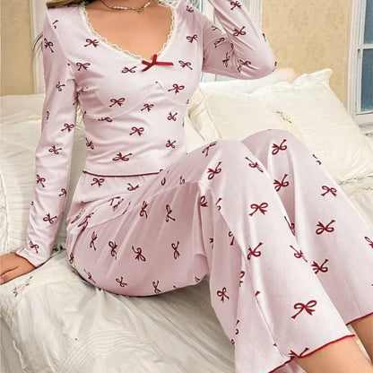 Winter Autumn Pajama Set for Women Sleepwear Lace Trim Bows Print Long Sleeve Top & Full-Length Pants Nightwear Loungewear.