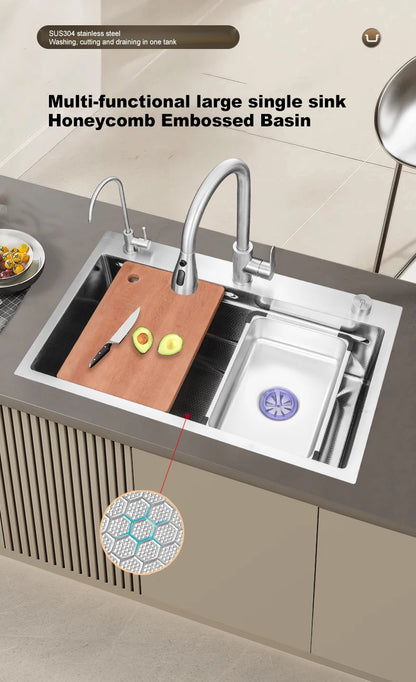 304 Stainless Steel Kitchen Sink Silver Embossed Large Single Slot Home Improvement Multifunction Wash Basin For Kitchen