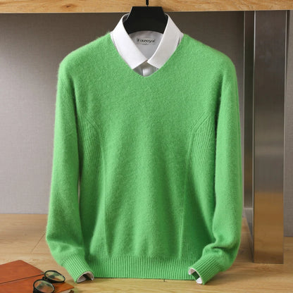 Men's 100% Pure Mink Cashmere Sweater V-Neck Pullovers Knit Large Size Mink Sweater Winter New Tops Long Sleeve High-End Jumpers