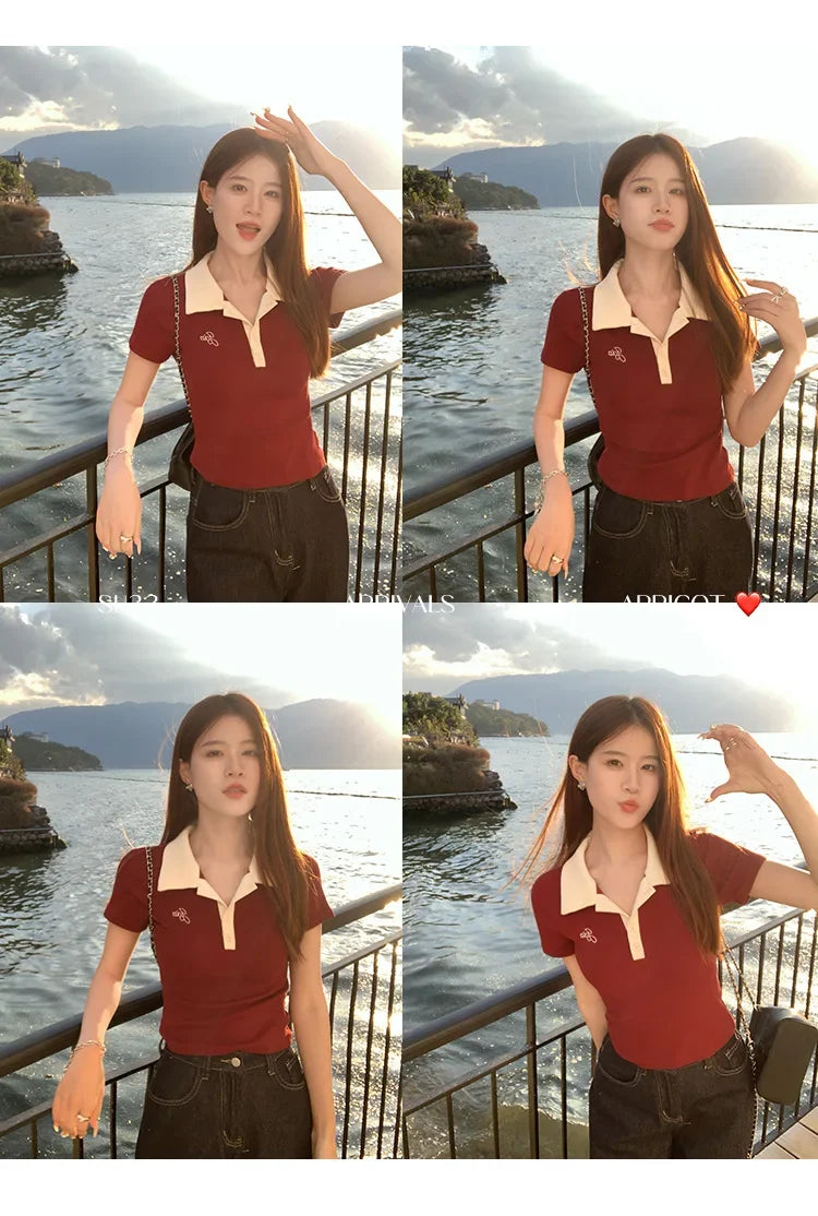 Women's Slim Fit Short Sleeve Polo Shirt Summer New Color Collision Design Red T-Shirt Top Fashionable Casual Business Wear