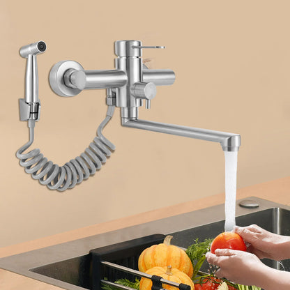 Wall-Mounted Kitchen Mixer Tap with Sprayer, 360° Swivel Stainless Steel Spout & Anti-Leak Design for Sink/Laundry, Black/Silver