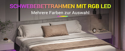 LED-beleuchtetes 180 x 200 cm großes Polsterbett mit Gestell, Gitterbettgestell, schwebender schwarzer Bettrahmen für Schlafzimmer