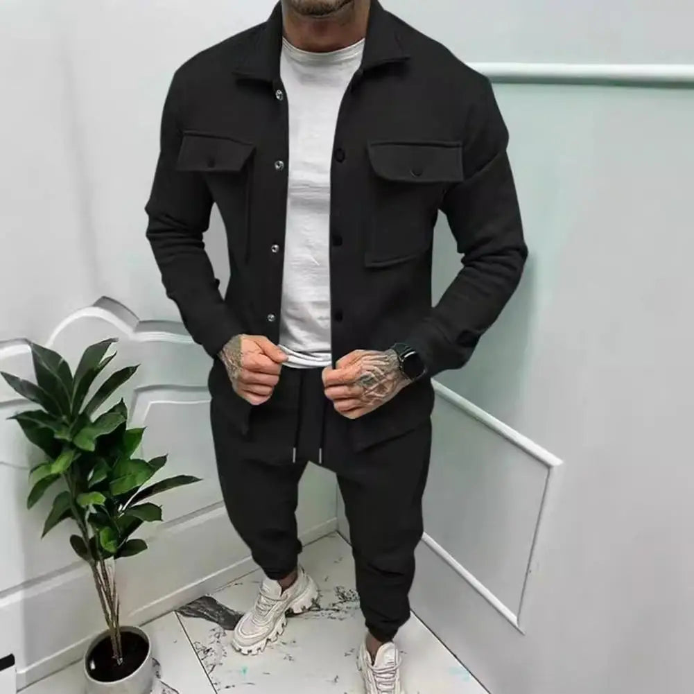 Men Two-piece Suit Set Winter Thick Warm Casual Suit Outfit Long Sleeve Coat Long Trousers Set Fashion Men's Activewear Outwear.