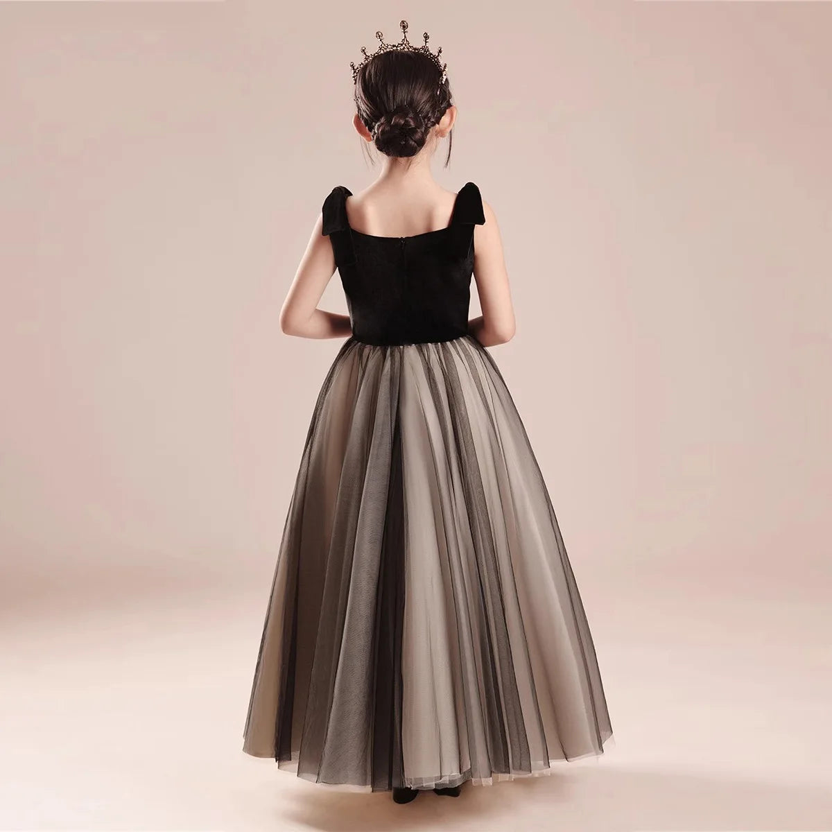 Kinderkleid Mädchen Mode Klavier Violine Performance Kleid Schwarz Samt Mesh Host Chor.