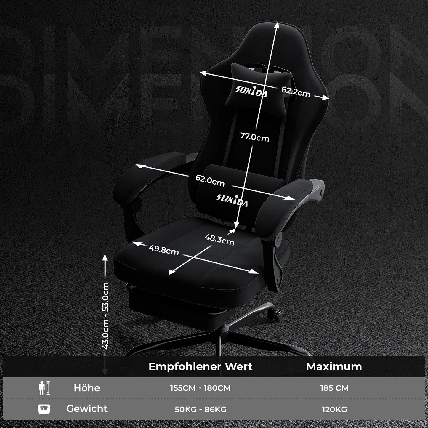 SUKIDA Gaming-Stuhl mit Fußstütze, PC-Stuhl im Racing-Stuhl-Design, ergonomischer Bürostuhl, verstellbar mit Lordosenstütze