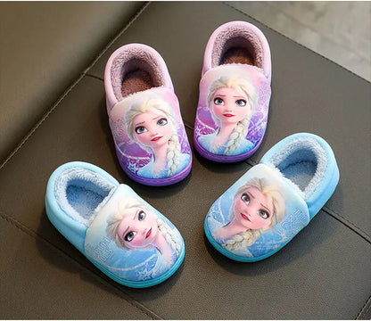 Disney Princess Elsa Winter Children's Heel Cotton Slippers Girls' Warm Frozen Kids' Cotton Black Purple Flats Shoes Size 24-40.