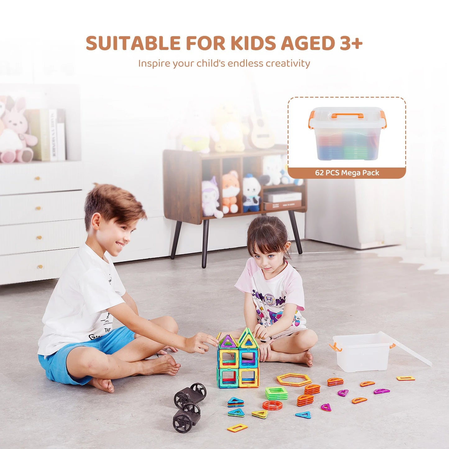 SucceBuy 62PCS Magnetic Tiles DIY Construction Magnetic Building Blocks Montessori Educational Toys for Children Stacking Toys.