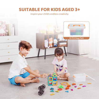SucceBuy 62PCS Magnetic Tiles DIY Construction Magnetic Building Blocks Montessori Educational Toys for Children Stacking Toys.