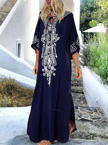 2025 Indie Folk Schnürung V-Ausschnitt Fledermausärmel Sommer Strandkleid Tunika Damen Beachwear Kaftan Maxikleid Robe Sarong Q775.