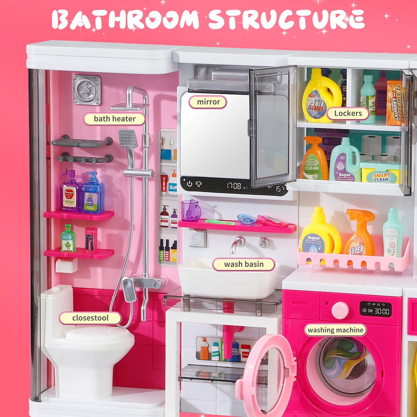 Pink Bathroom Playset with Shower, Vanity, Laundry Cabinet, and Ironing Board, Christmas/Thanksgiving/New Year Gift.