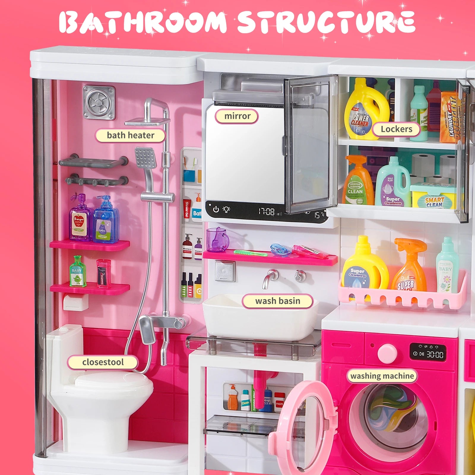Pink Bathroom Playset with Shower, Vanity, Laundry Cabinet, and Ironing Board, Christmas/Thanksgiving/New Year Gift.
