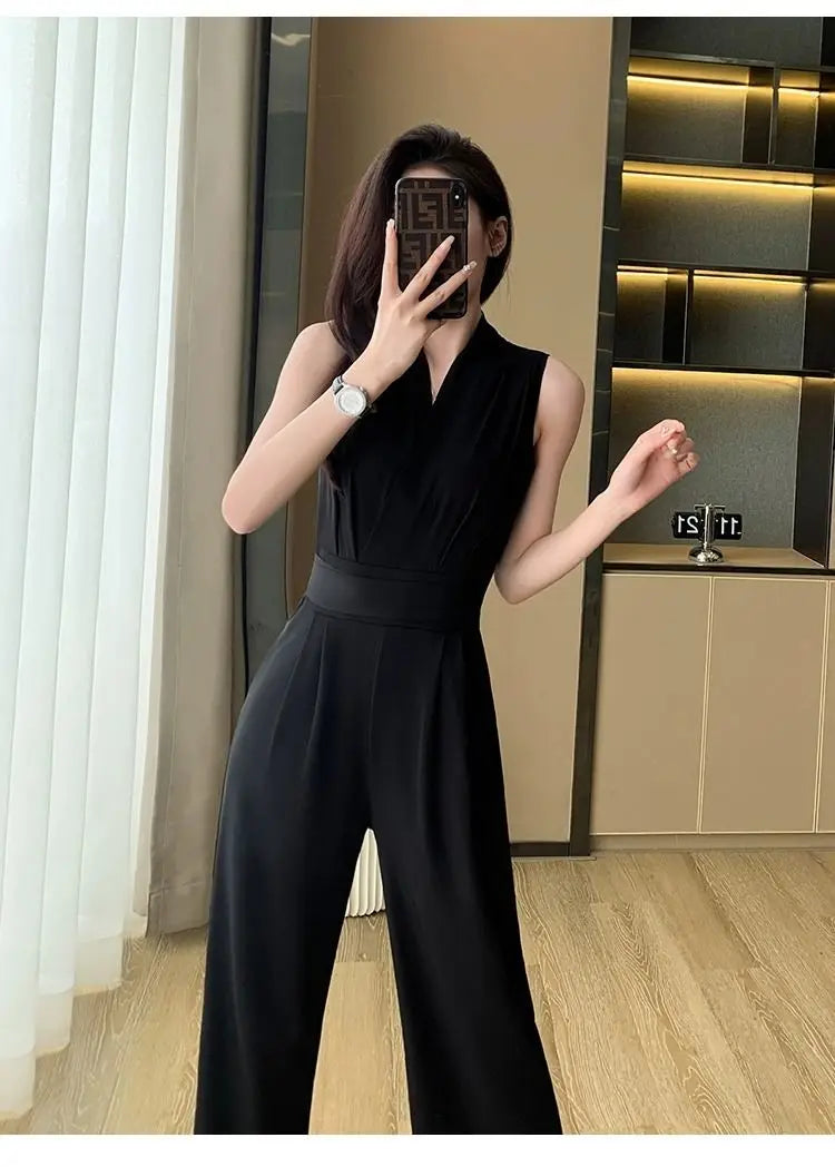Women's Wide Leg Jumpsuit Pants 2025 Summer New Casual Straight Tube Sports Overalls V-neck Sleeveless Bodysuit For Women Romper