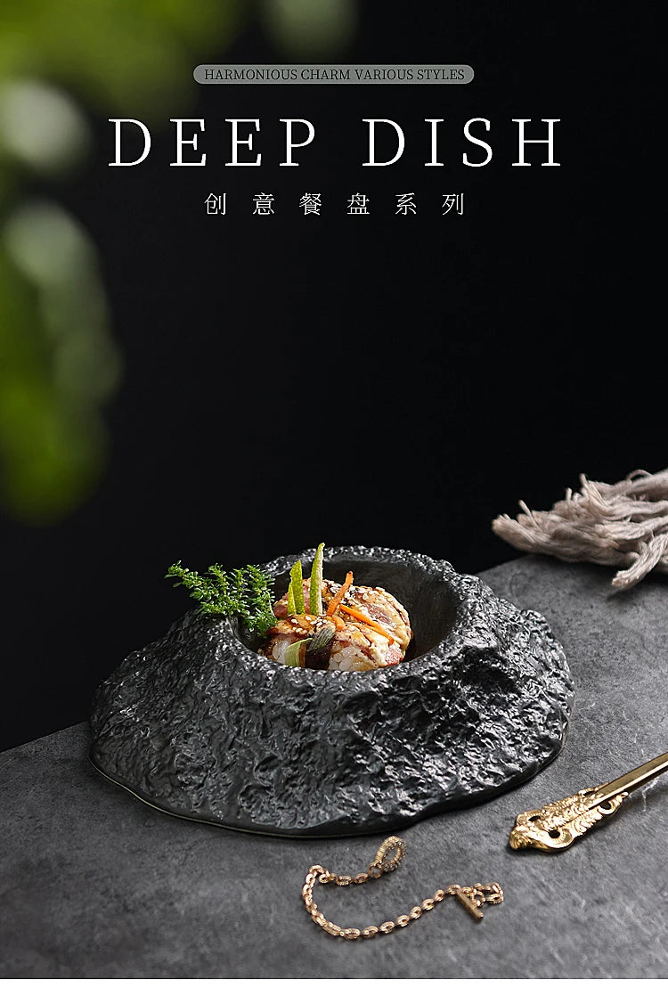 Volcano-shaped Black Deep Plate Creative Irregular Ceramic Tableware in Restaurant French Special-shaped Soup Plate Swing Plate.