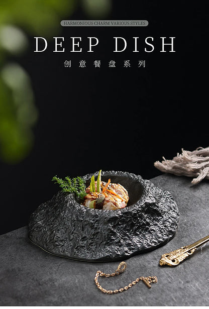 Volcano-shaped Black Deep Plate Creative Irregular Ceramic Tableware in Restaurant French Special-shaped Soup Plate Swing Plate.