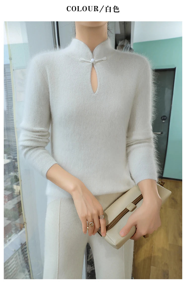 2024 autumn winter new 100% mink cashmere sweater women's pullover slim-fit long sleeve solid color stand collar bottom knitwear.