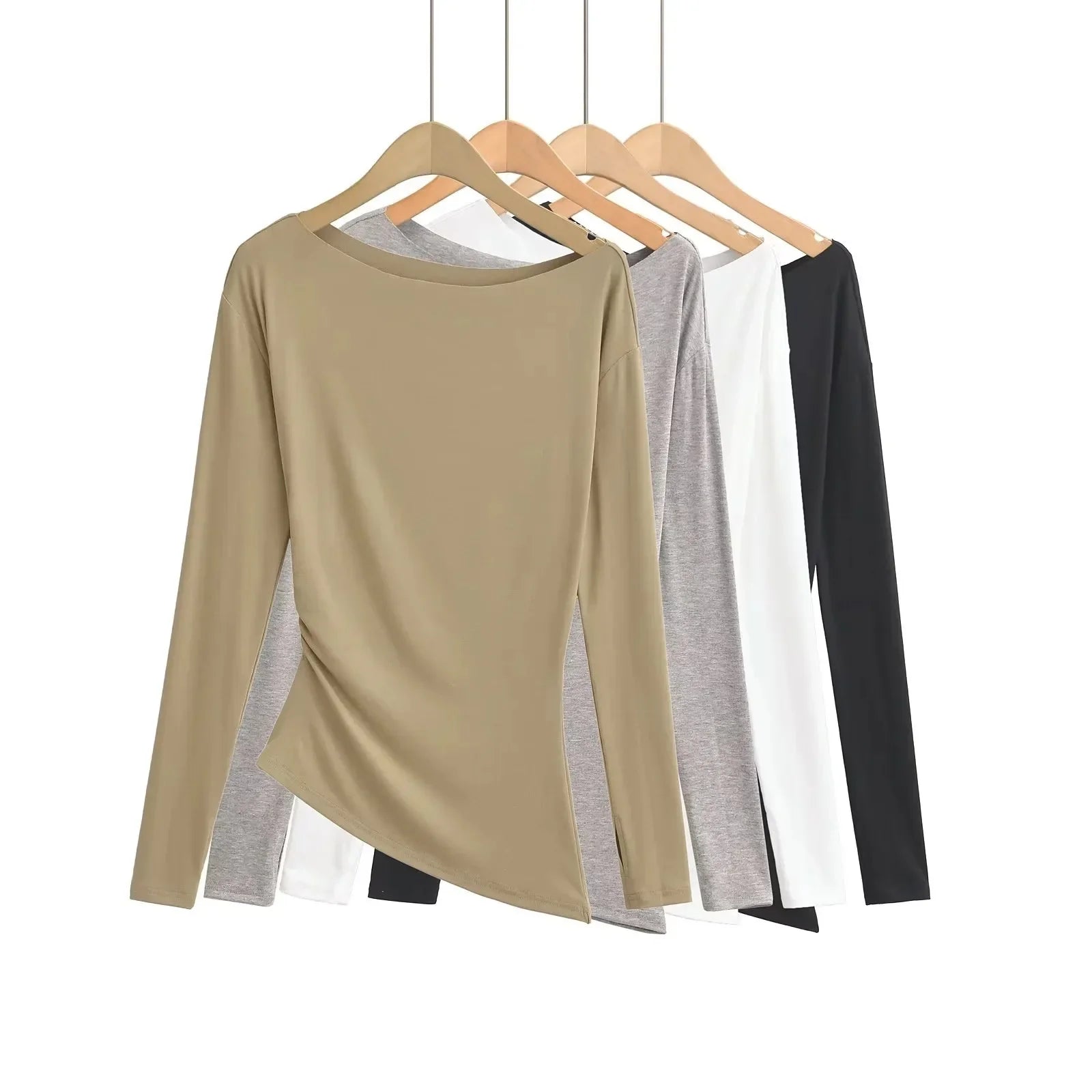 Long Sleeve One Shoulder T-Shirt Zhang Lu Si Spicy Girl Pleated Slimming Versatile Top Cotton Made in China Full Sleeve.