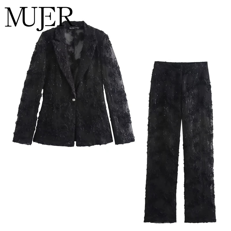 MUJER Sequin Pants Sets for Women 2 Pieces Flower Women's Pants Blazer Suits 2 Pieces Sets Women Outfit Semi Sheer Trousers Sets.