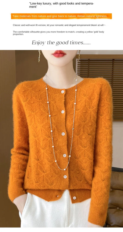 2024 Autumn And Winter New Round Neck Hollowed Out 100 Wool Knitted Cardigan Women's Versatile Coat Loose Casual Sweater DMR281.