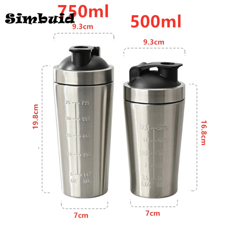 500ML/750ML Stainless Steel Protein Powder Shaker Bottle with Steel Ball and Scale Leak Proof Gym Fitness Sport Whey Shakes Cup.
