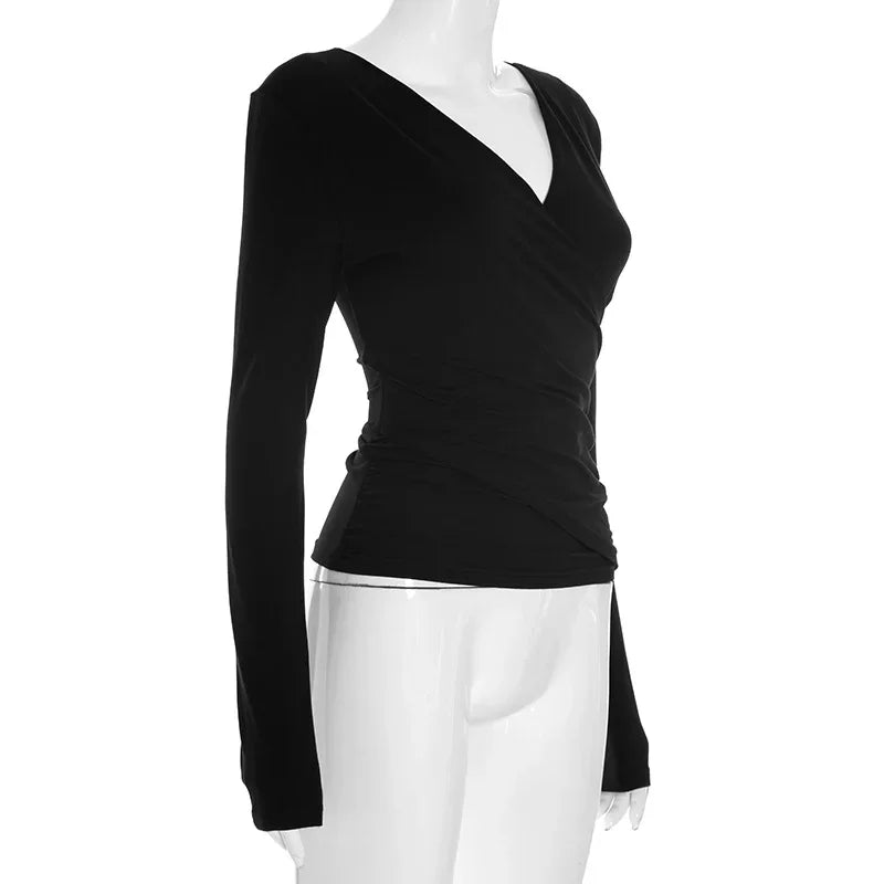 Pure Color V-neck Long Sleeve T-shirt Waist-cinching Sexy Top for Women Cross-border Autumn New Style Y25TP348 Polyester Fiber.
