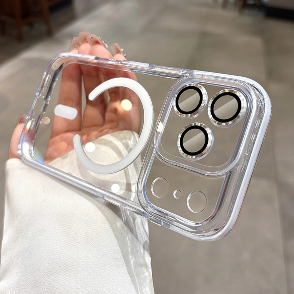 Glass Camera Protector Case for iPhone 17 13 14 15 16 Pro Max 16 Plus Magsafe Case Anti-knock Shockproof Clear 17Air 17Pro Cover.