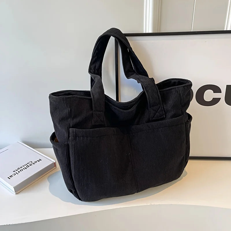 Women's Casual Corduroy Tote Bag Striped Shoulder Bag with Fixed Straps Zipper Large Capacity Handbag for Daily Outings and Shop.