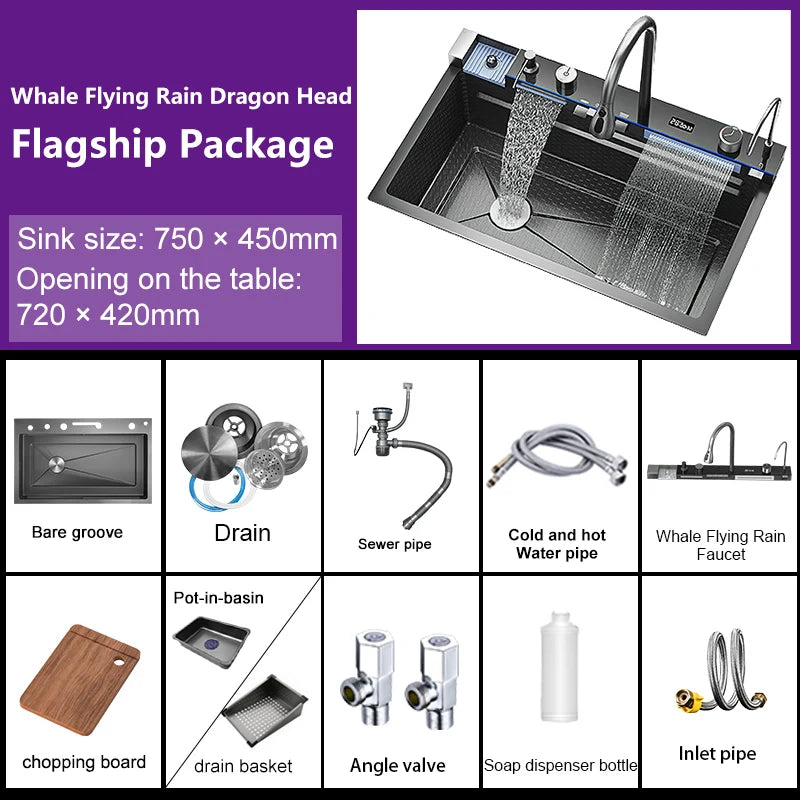 Stainless Steel Kitchen Waterfall Sink Embossed Digital Display Large Single Slot All-in-one Faucet Multi-functional Wash Bain